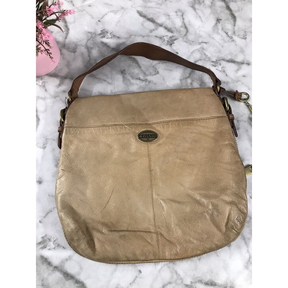 VINTAGE AUTHENTIC Fossil Unisex Leather brown Fold shoulder Bag Key Charm 13"x13